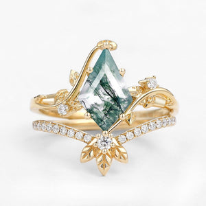 Unique Moss Agate Three Leaves Engagement Ring Set 2pcs - Ella.