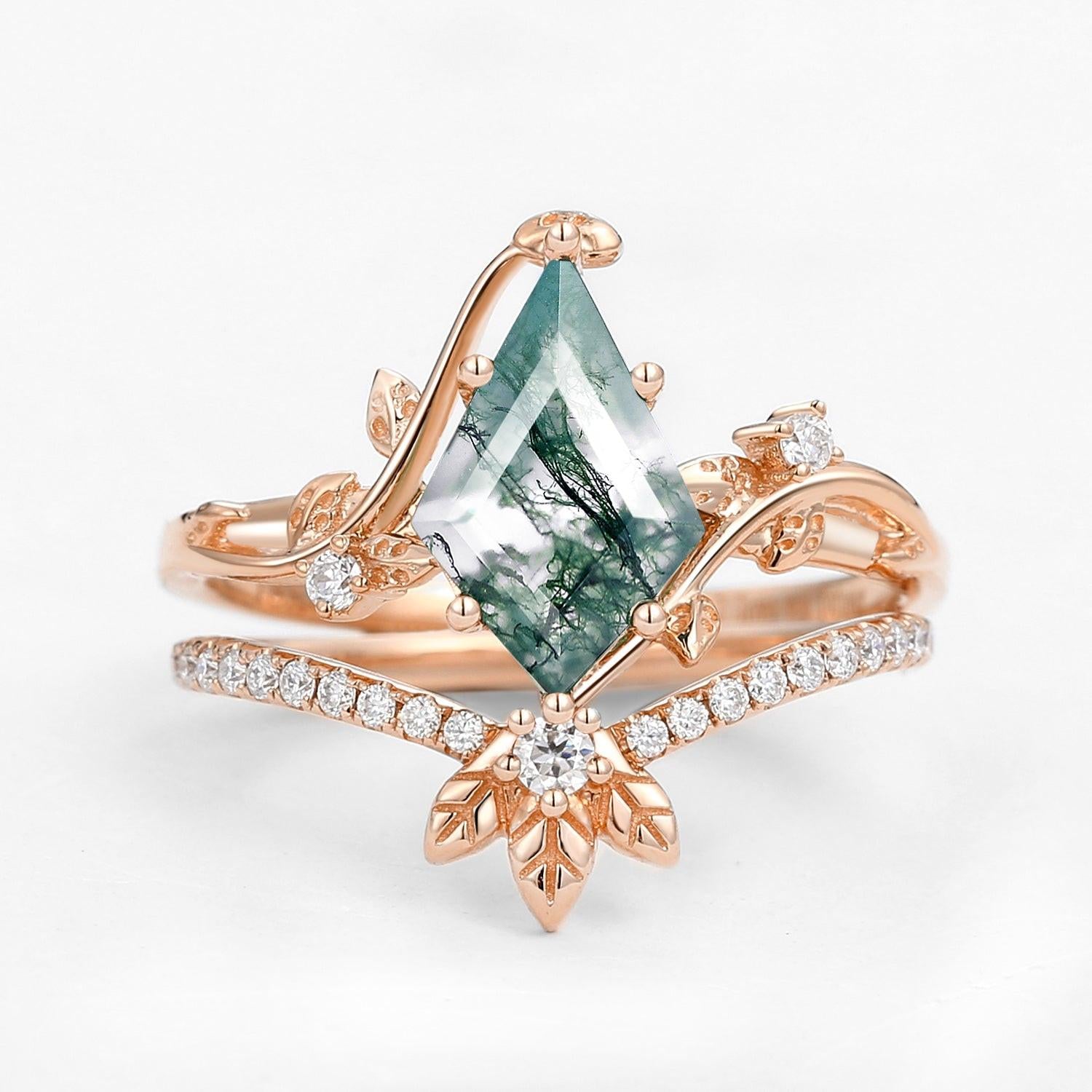 Unique Moss Agate Three Leaves Engagement Ring Set 2pcs - Ella.