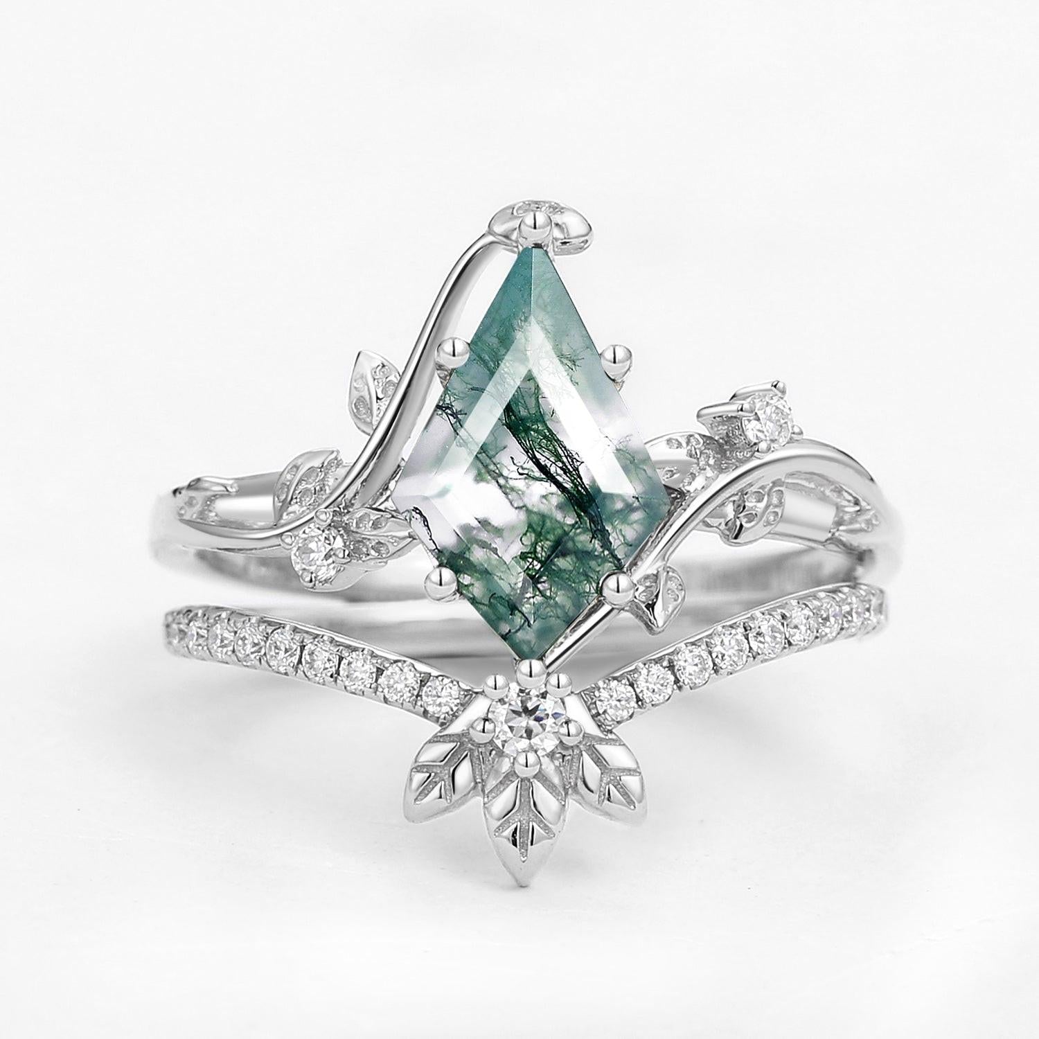 Unique Moss Agate Three Leaves Engagement Ring Set 2pcs - Ella.