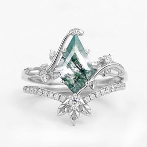 Unique Moss Agate Three Leaves Engagement Ring Set 2pcs - Ella.