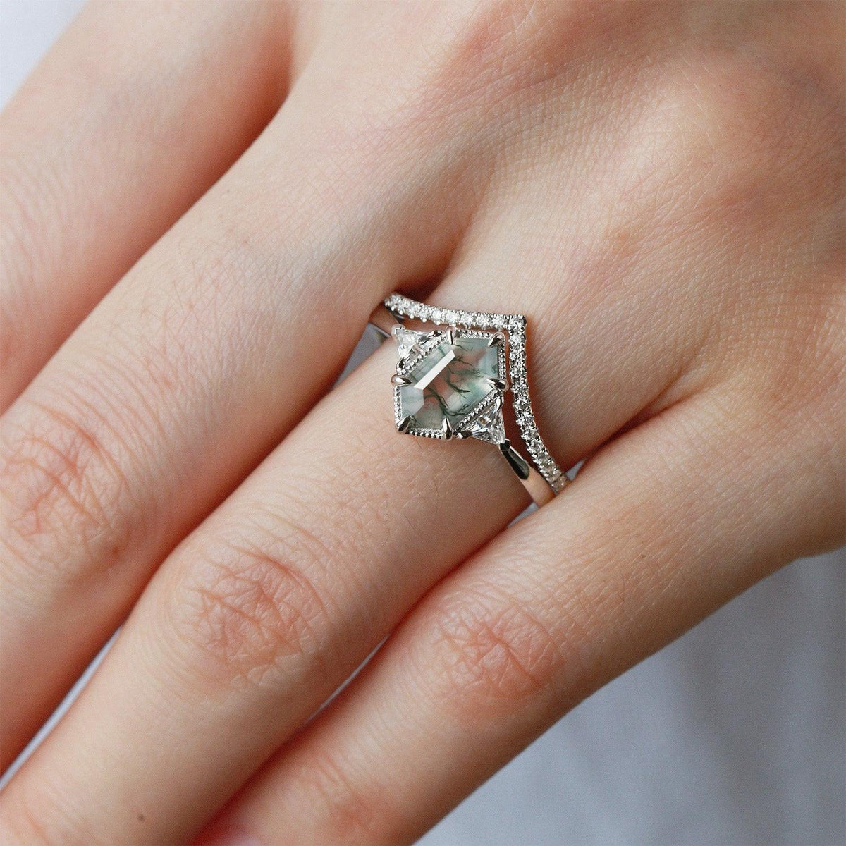 Hexagon Moss Agate Three Stone Engagement Ring Set 2pcs.