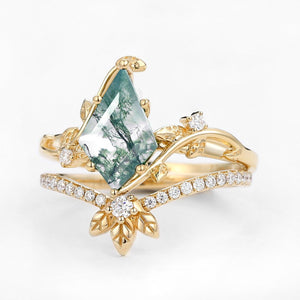 Unique Moss Agate Three Leaves Engagement Ring Set 2pcs - Ella.