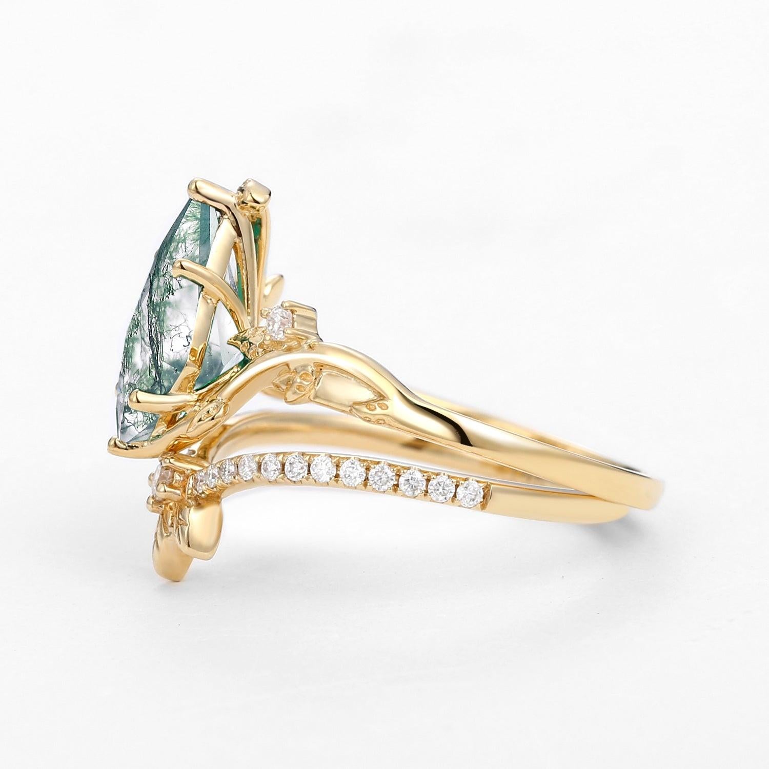 Unique Moss Agate Three Leaves Engagement Ring Set 2pcs - Ella.
