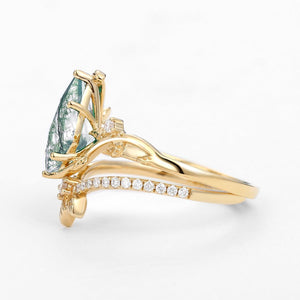 Unique Moss Agate Three Leaves Engagement Ring Set 2pcs - Ella.