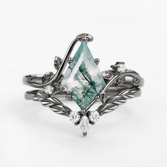 Nyx’s Vine | Black Gold Kite Cut Moss Agate Vine Engagement Ring Set 2pcs.