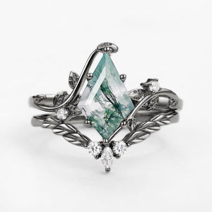 Twigs Moss Agate Kite Cut Vine Engagement Ring Set 2pcs.