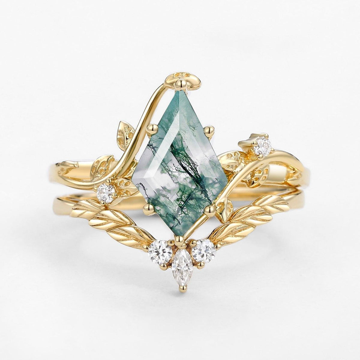 Twigs Moss Agate Kite Cut Vine Engagement Ring Set 2pcs.