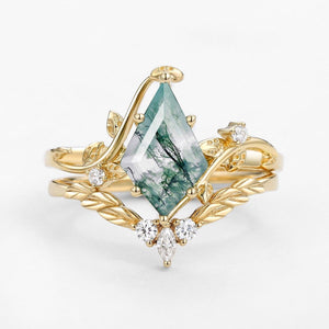 Twigs Moss Agate Kite Cut Vine Engagement Ring Set 2pcs.