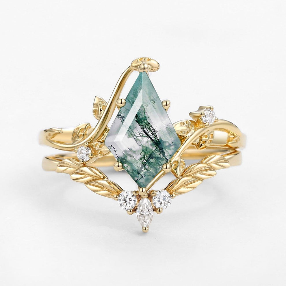 Twigs Moss Agate Kite Cut Vine Engagement Ring Set 2pcs.