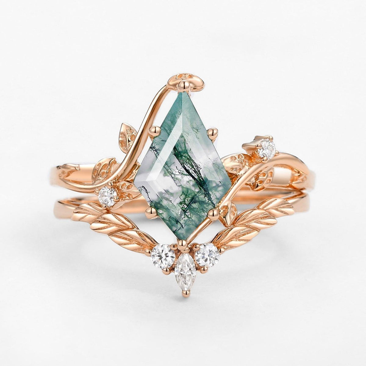 Twigs Moss Agate Kite Cut Vine Engagement Ring Set 2pcs.
