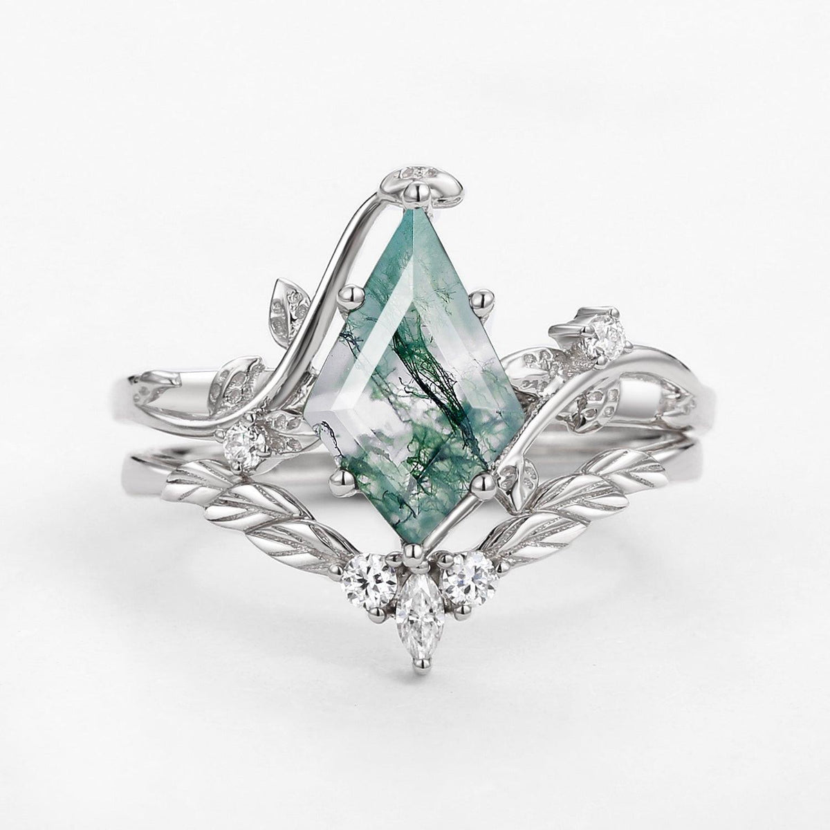 Twigs Moss Agate Kite Cut Vine Engagement Ring Set 2pcs.