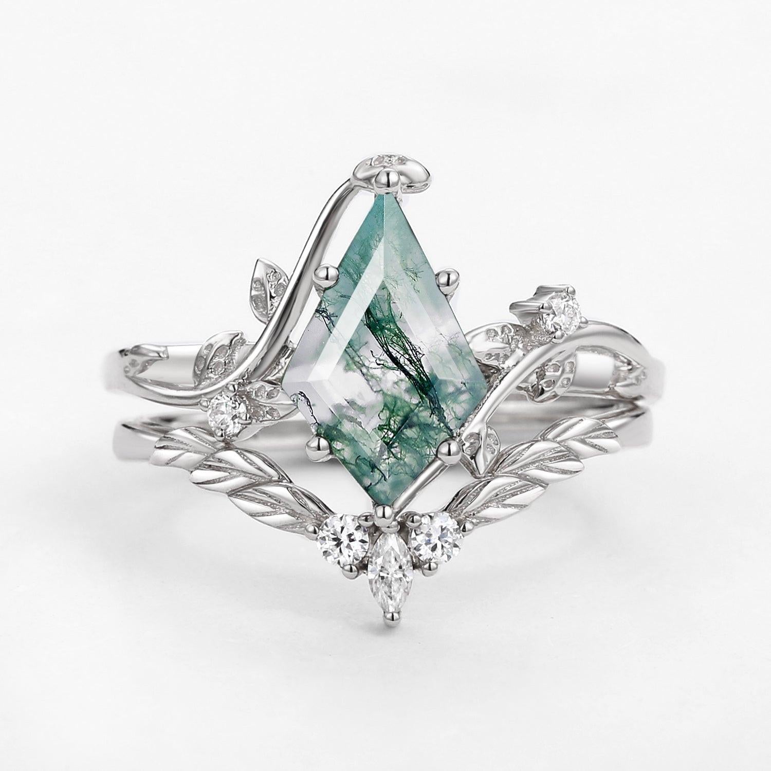 Twigs Moss Agate Kite Cut Vine Engagement Ring Set 2pcs.