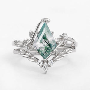 Twigs Moss Agate Kite Cut Vine Engagement Ring Set 2pcs.