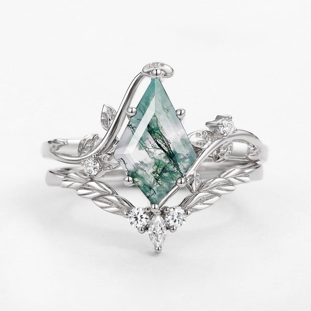 Twigs Moss Agate Kite Cut Vine Engagement Ring Set 2pcs.