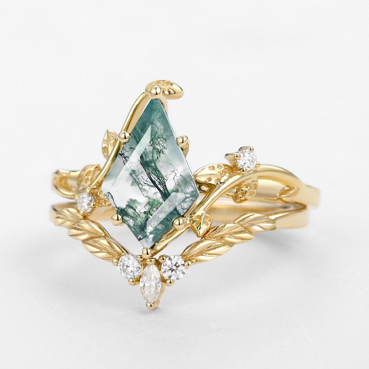 Twigs Moss Agate Kite Cut Vine Engagement Ring Set 2pcs.
