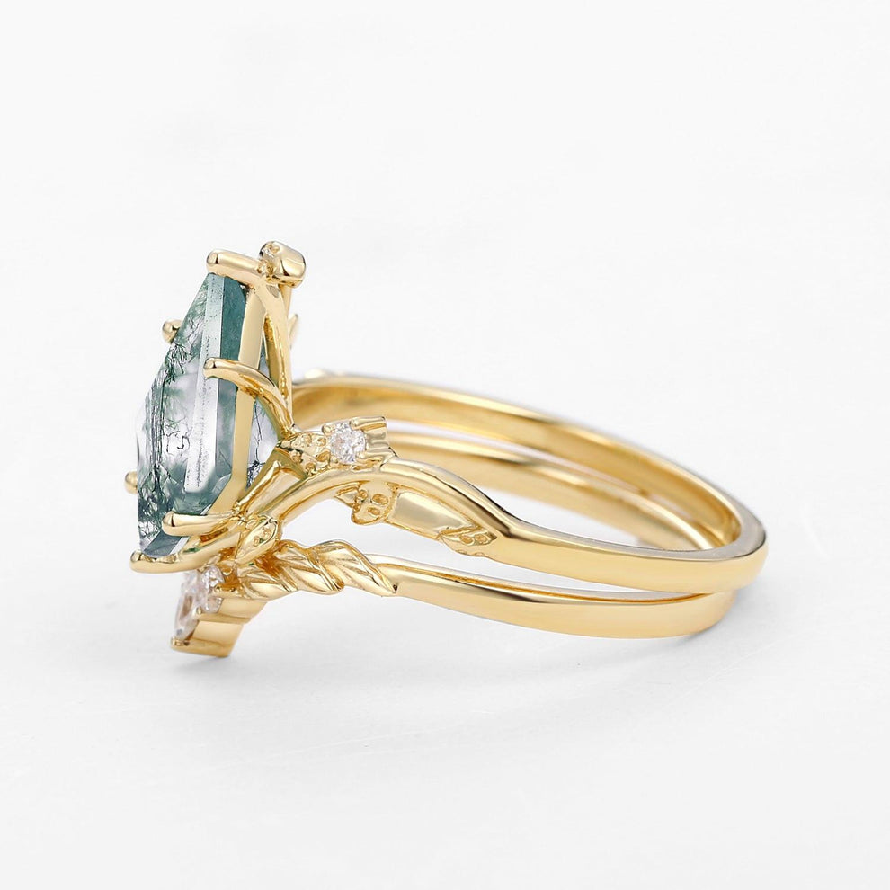 Twigs Moss Agate Kite Cut Vine Engagement Ring Set 2pcs.