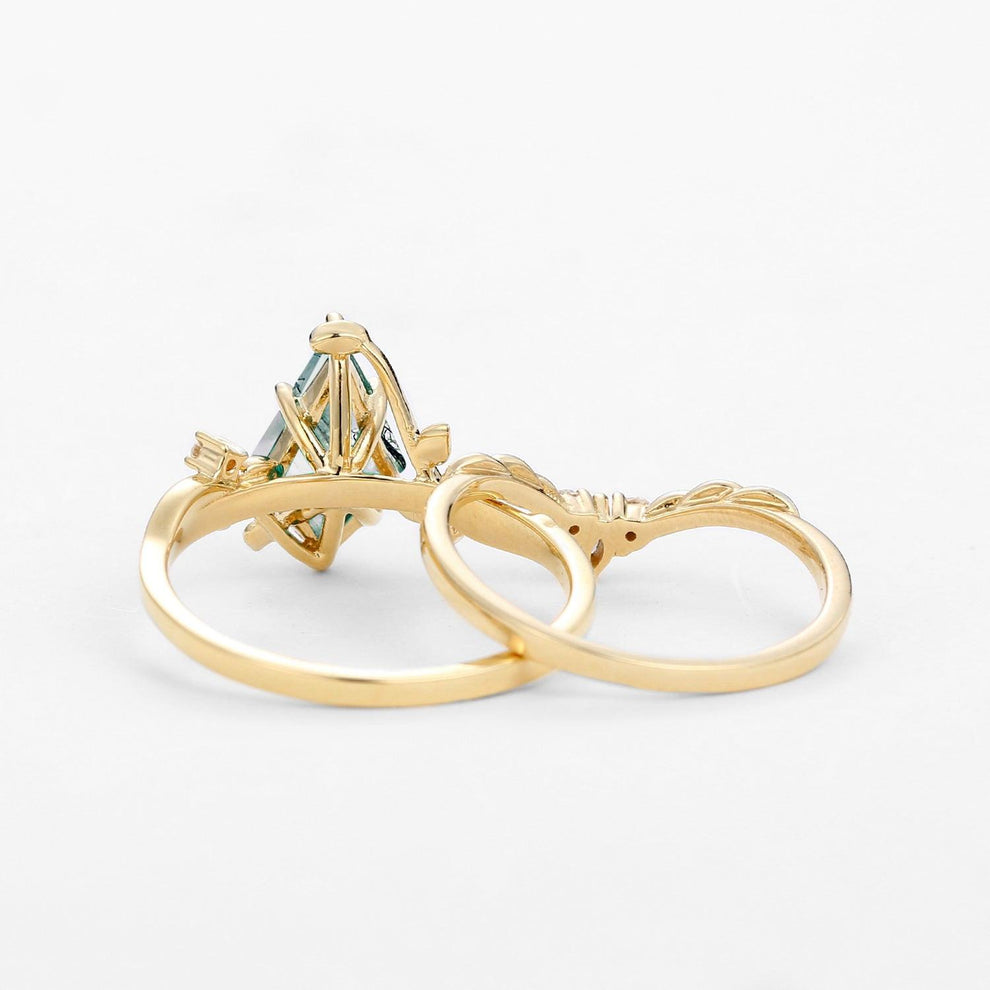 Twigs Moss Agate Kite Cut Vine Engagement Ring Set 2pcs.