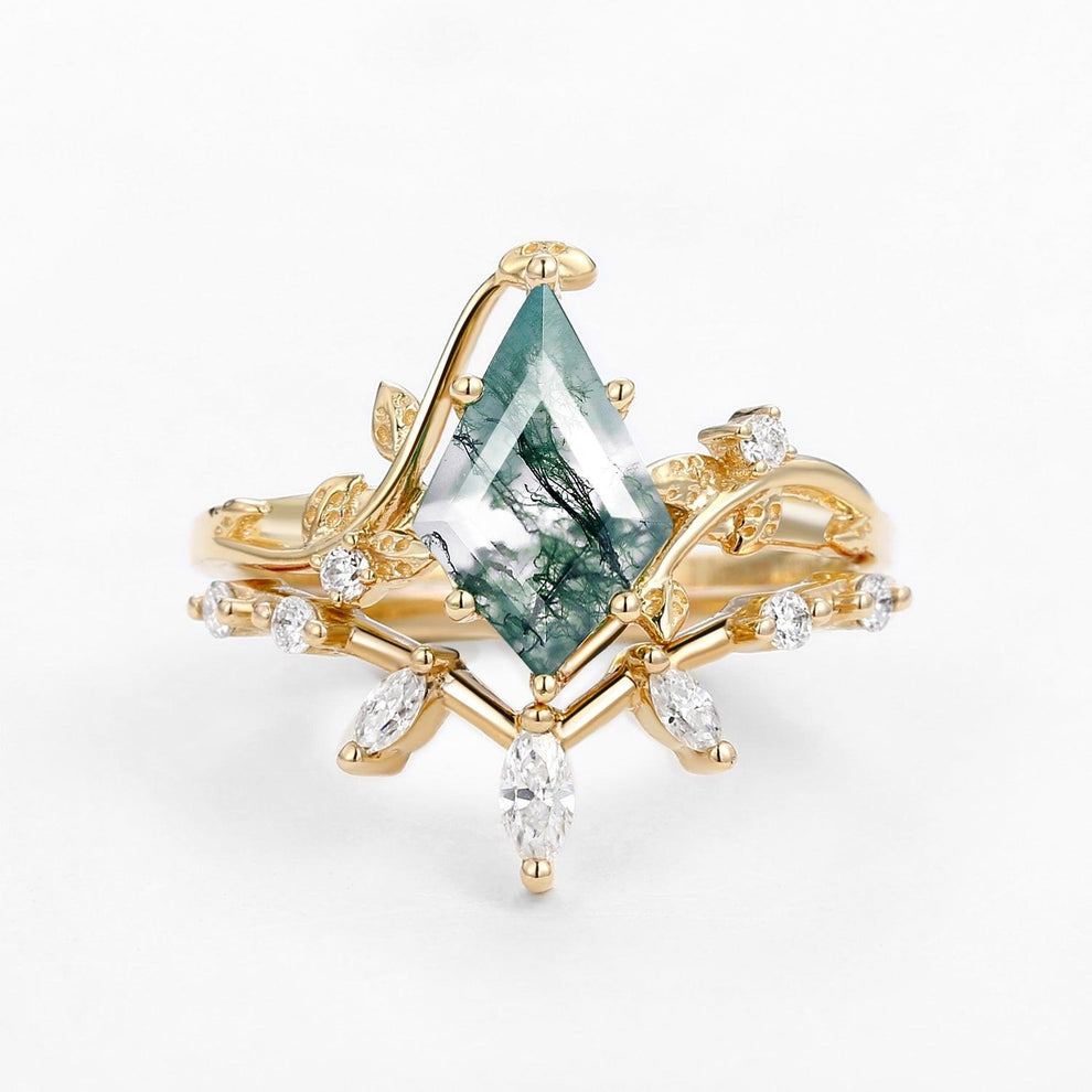 Moss Agate Leafy Marquise Engagement Ring Set 2pcs.