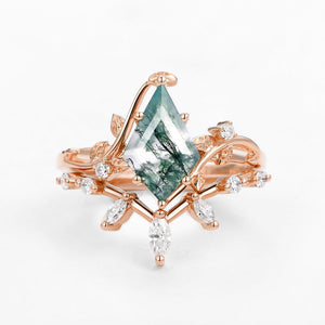 Moss Agate Leafy Marquise Engagement Ring Set 2pcs.