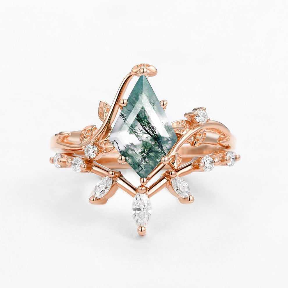 Moss Agate Leafy Marquise Engagement Ring Set 2pcs.