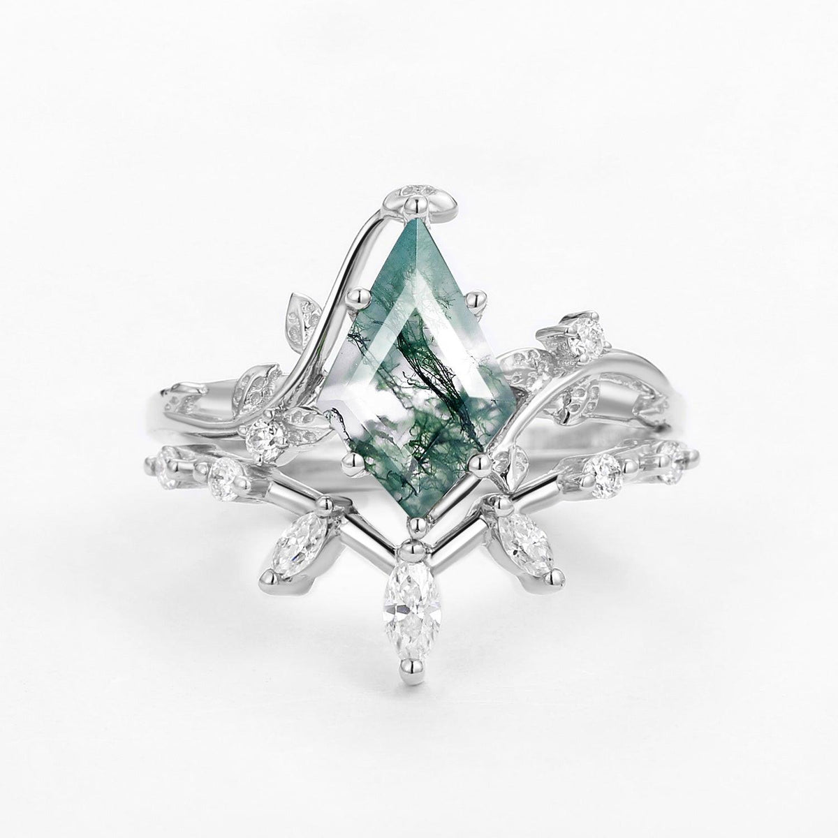 Moss Agate Leafy Marquise Engagement Ring Set 2pcs.