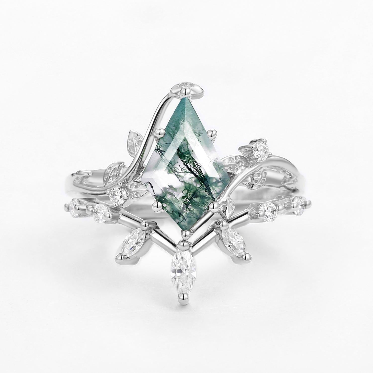 Moss Agate Leafy Marquise Engagement Ring Set 2pcs.