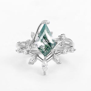 Moss Agate Leafy Marquise Engagement Ring Set 2pcs.