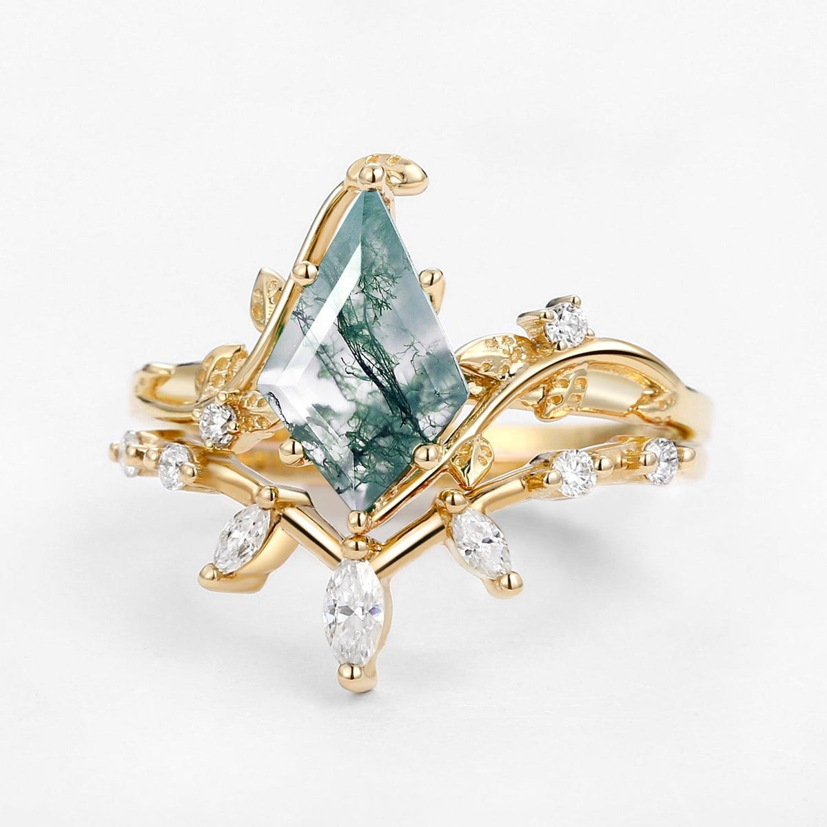 Moss Agate Leafy Marquise Engagement Ring Set 2pcs.