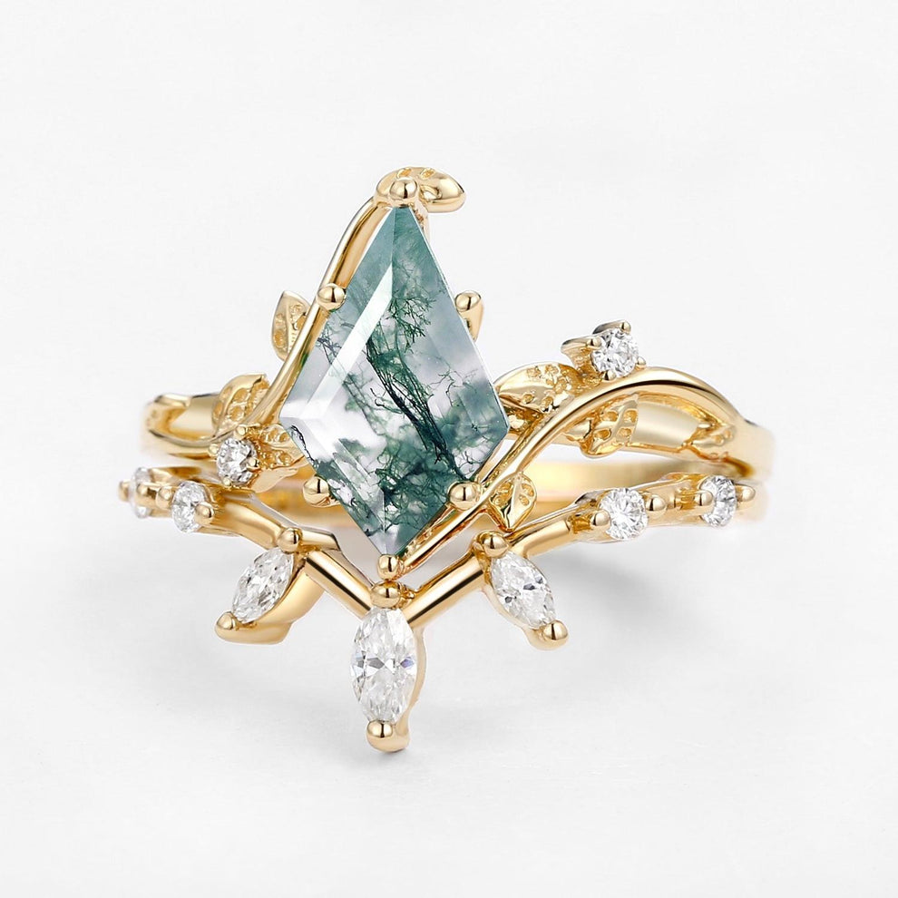 Moss Agate Leafy Marquise Engagement Ring Set 2pcs.