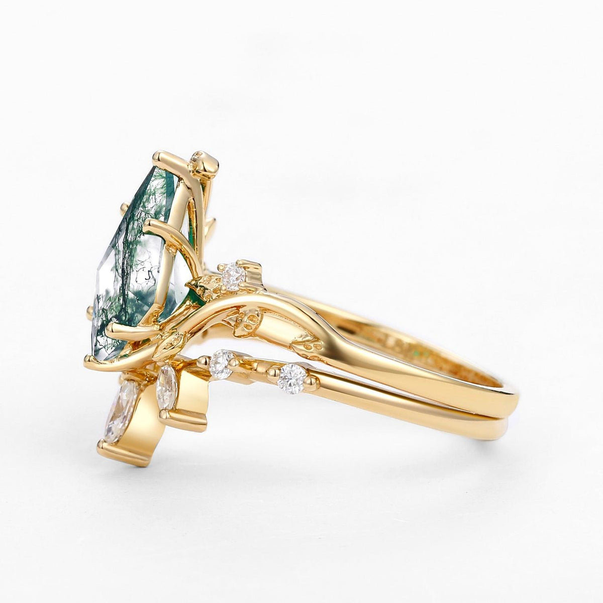 Moss Agate Leafy Marquise Engagement Ring Set 2pcs.