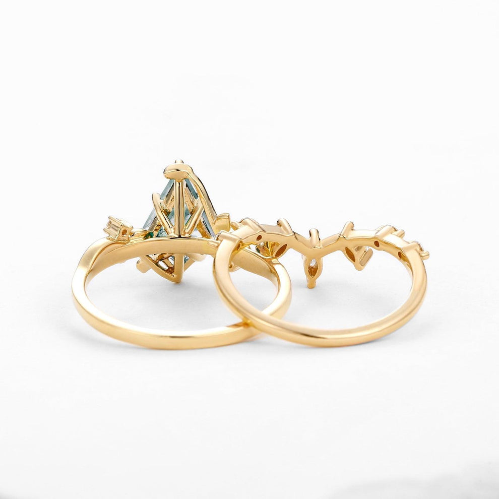 Moss Agate Leafy Marquise Engagement Ring Set 2pcs.