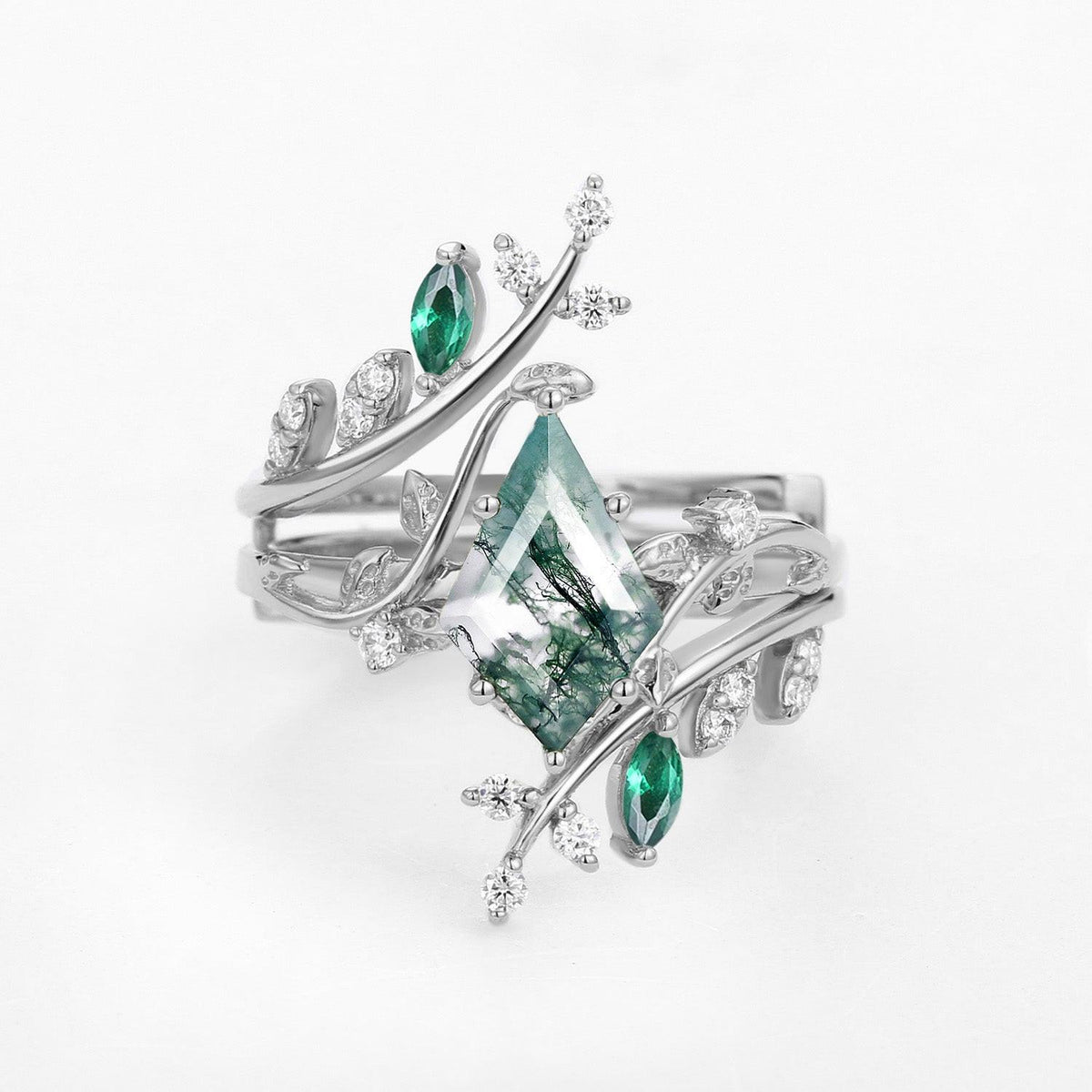 Sylvie’s Bower | Kite Cut Moss Agate Cage Leafy Couple Ring Set 3pcs.