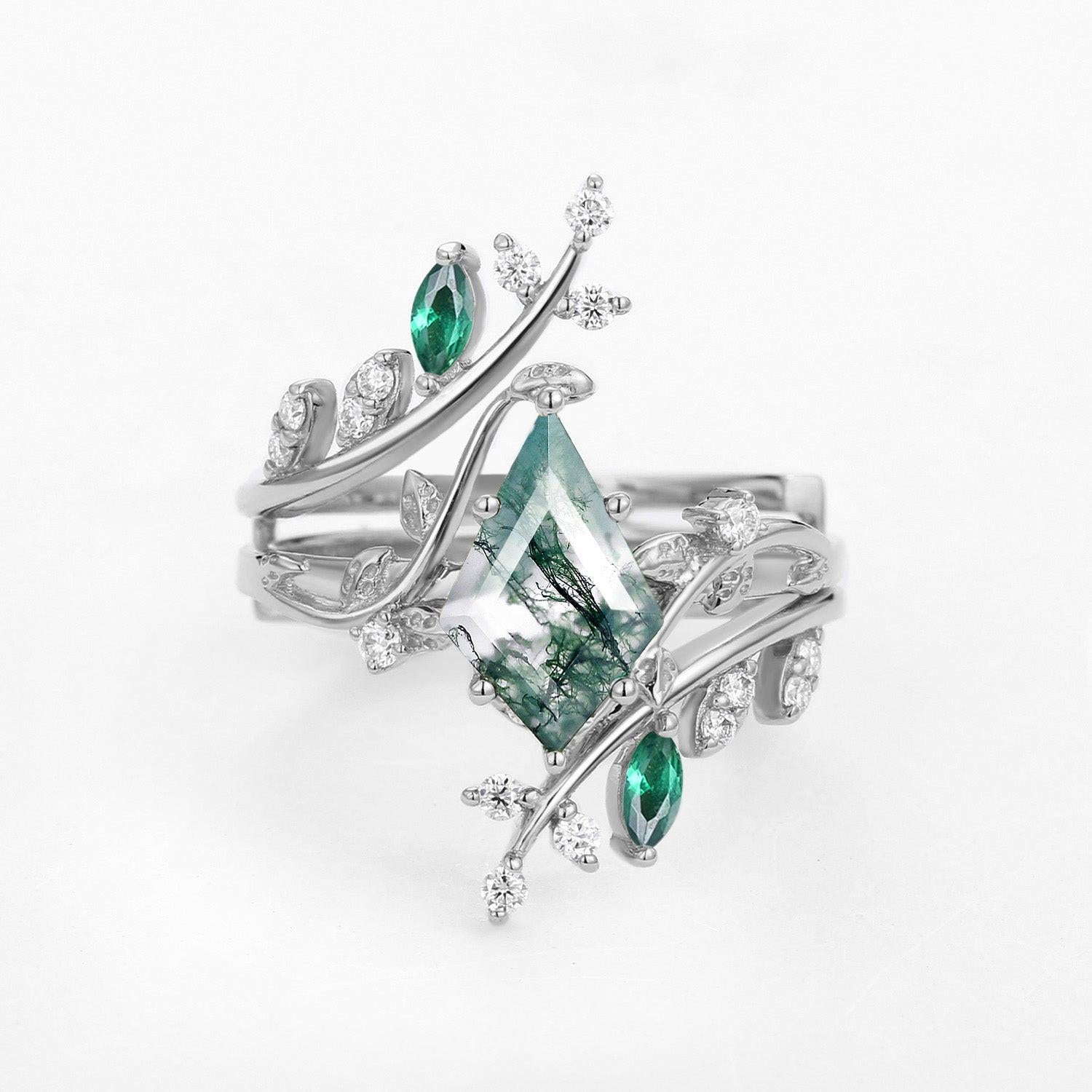 Sylvie’s Bower | Kite Cut Moss Agate Cage Leafy Couple Ring Set 3pcs.