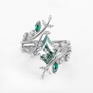 Sylvie’s Bower | Kite Cut Moss Agate Cage Leafy Couple Ring Set 3pcs.