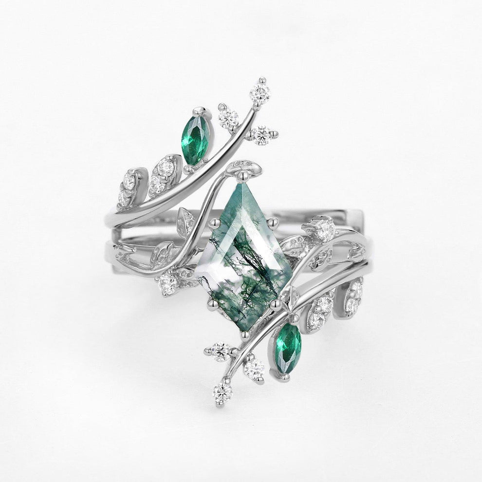 Sylvie’s Bower | Kite Cut Moss Agate Cage Leafy Couple Ring Set 3pcs.