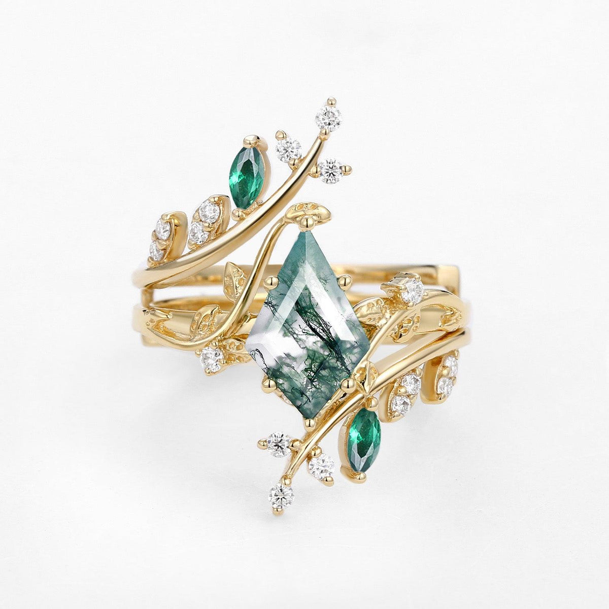 Sylvie’s Bower | Kite Cut Moss Agate Cage Leafy Couple Ring Set 3pcs.
