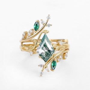 Sylvie’s Bower | Kite Cut Moss Agate Cage Leafy Couple Ring Set 3pcs.