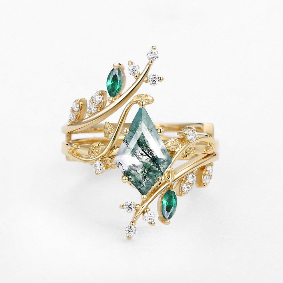 Sylvie’s Bower | Kite Cut Moss Agate Cage Leafy Couple Ring Set 3pcs.