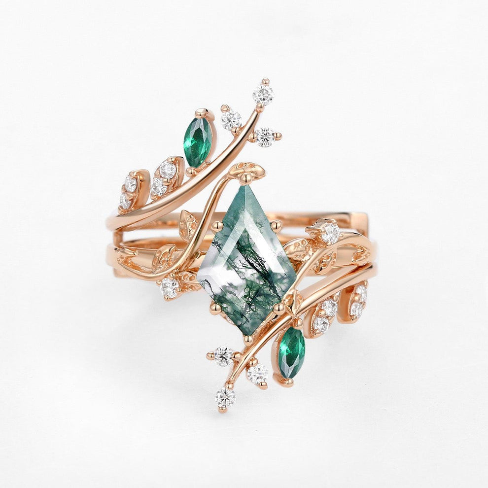 Sylvie’s Bower | Kite Cut Moss Agate Cage Leafy Couple Ring Set 3pcs.