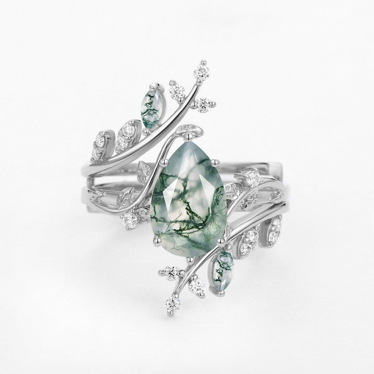 Sylvie’s Enclosure | Pear Cut Moss Agate Cage Leafy Ring Set 2pcs.