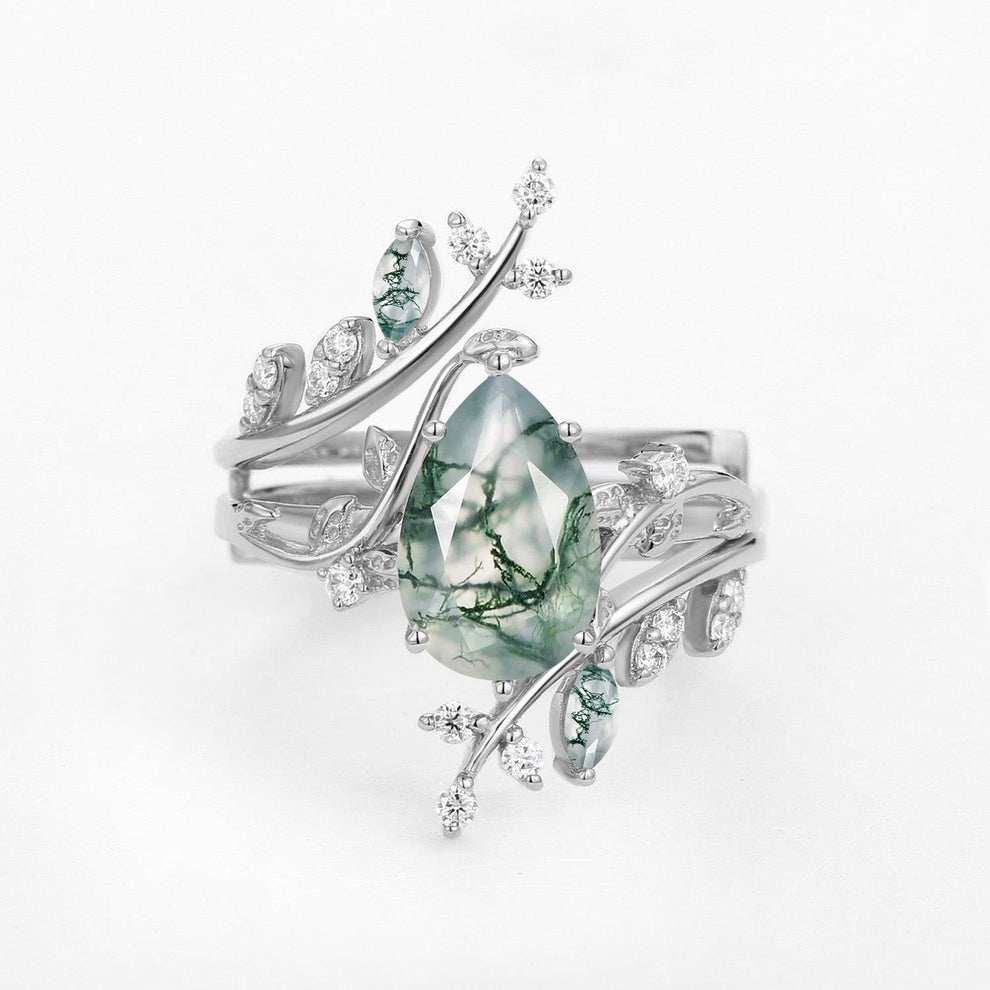Sylvie’s Enclosure | Pear Cut Moss Agate Cage Leafy Ring Set 2pcs.