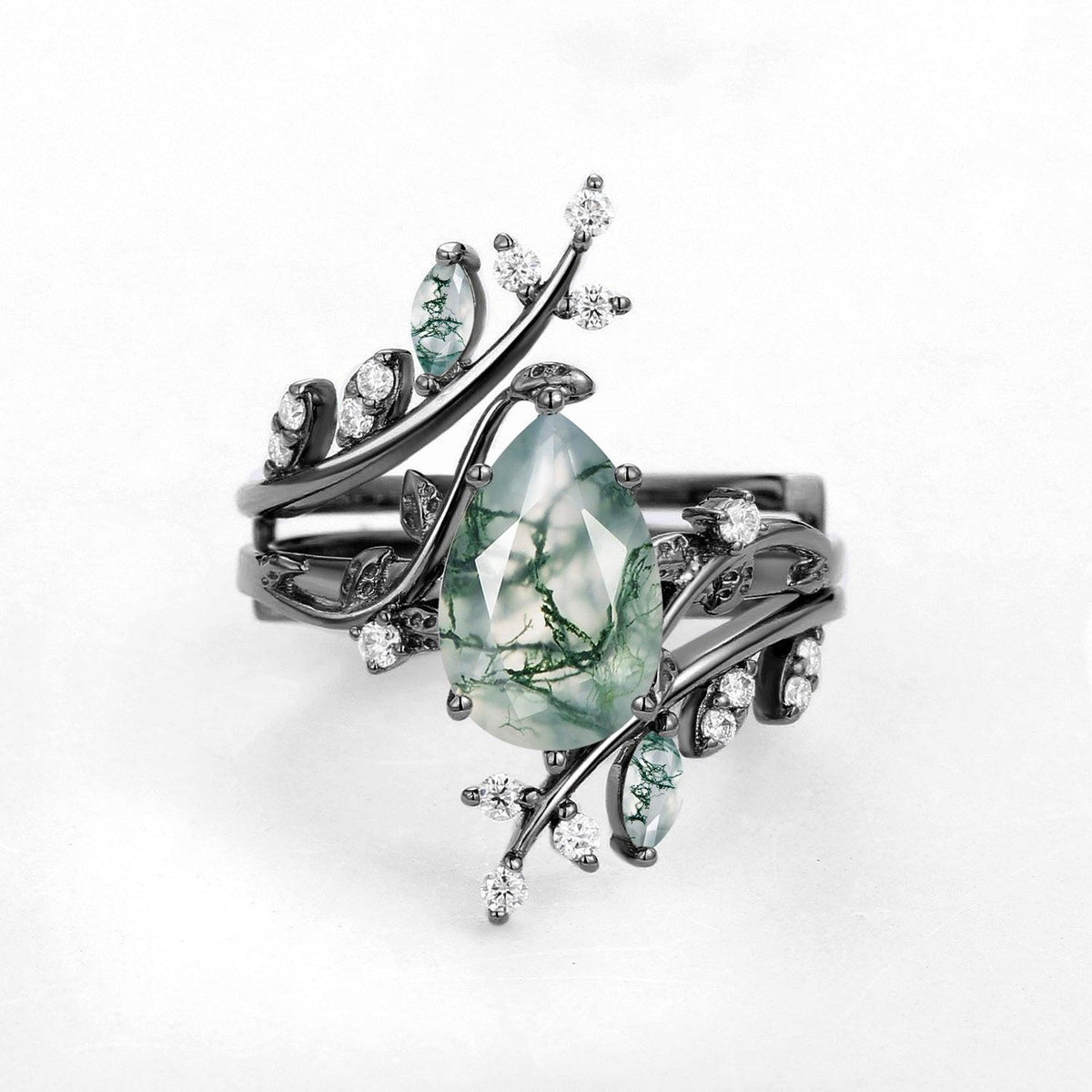 Sylvie’s Enclosure | Pear Cut Moss Agate Cage Leafy Ring Set 2pcs.