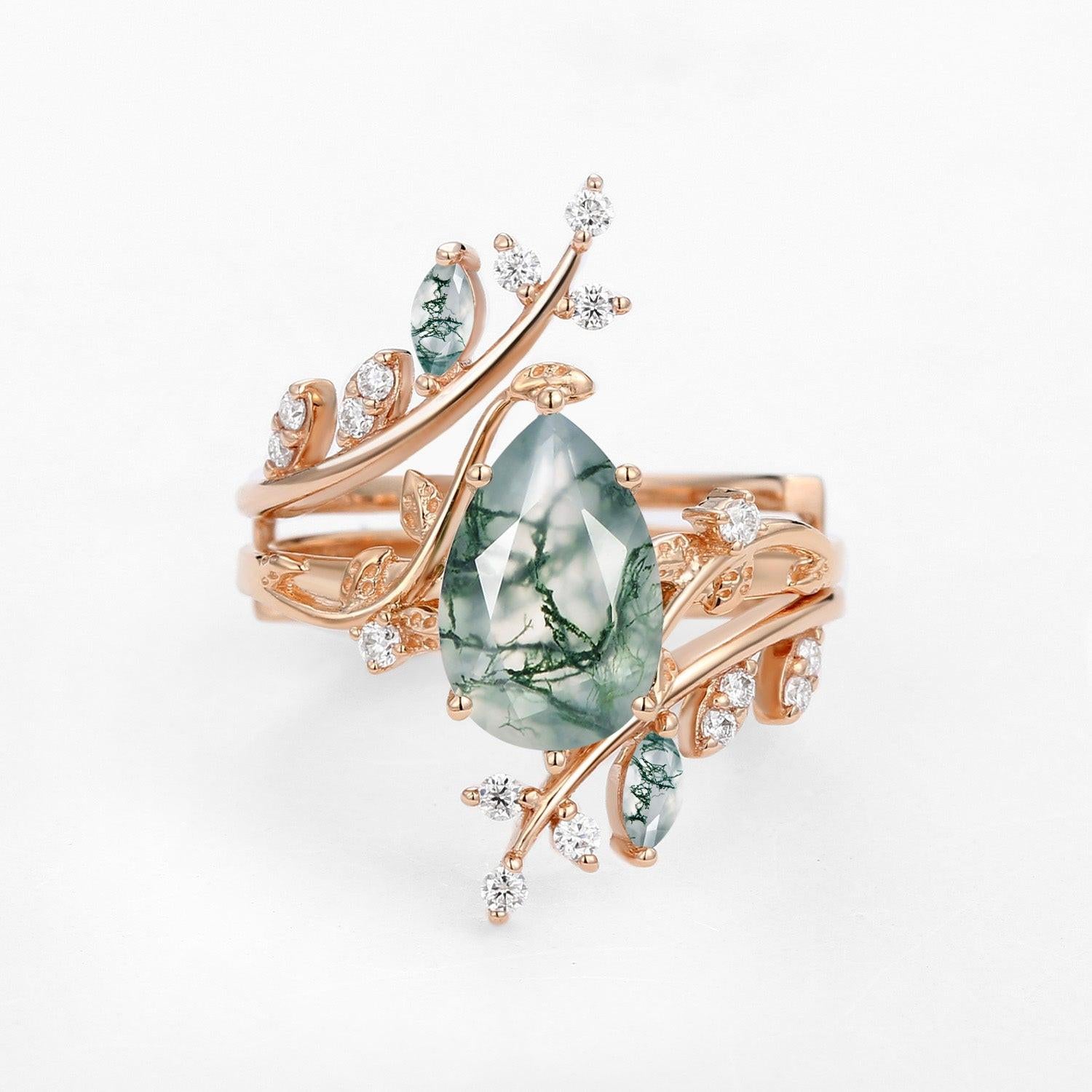 Sylvie’s Enclosure | Pear Cut Moss Agate Cage Leafy Ring Set 2pcs.