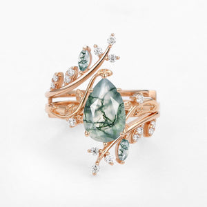 Sylvie’s Enclosure | Pear Cut Moss Agate Cage Leafy Ring Set 2pcs.