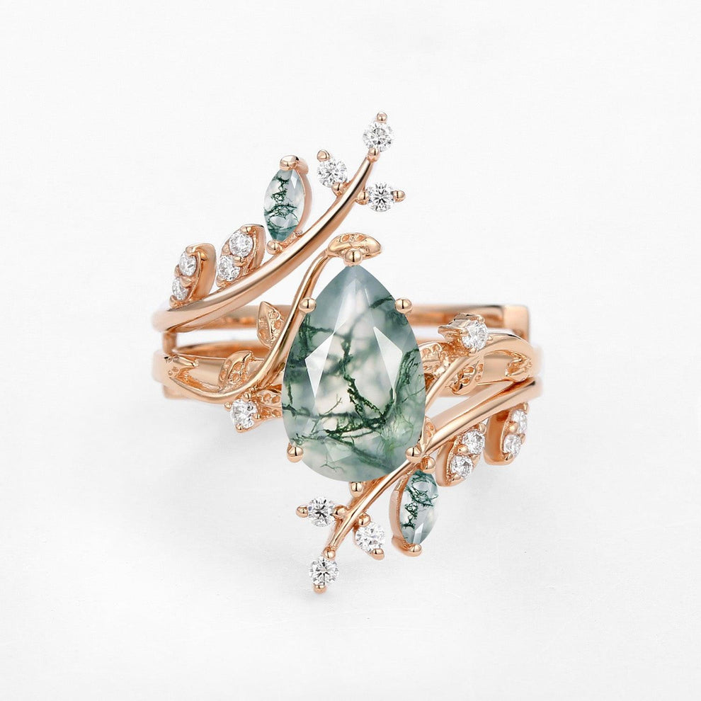 Sylvie’s Enclosure | Pear Cut Moss Agate Cage Leafy Ring Set 2pcs.