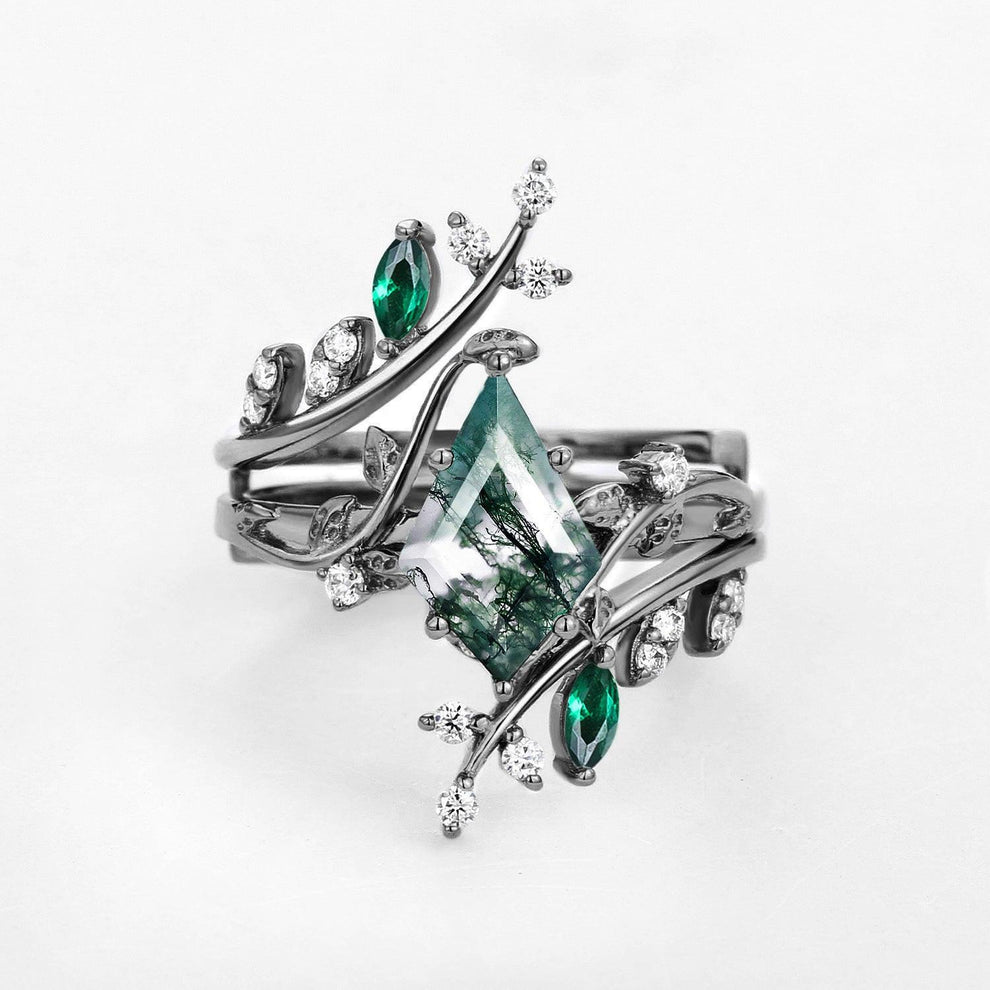 Sylvie’s Bower | Kite Cut Moss Agate Cage Leafy Couple Ring Set 3pcs.