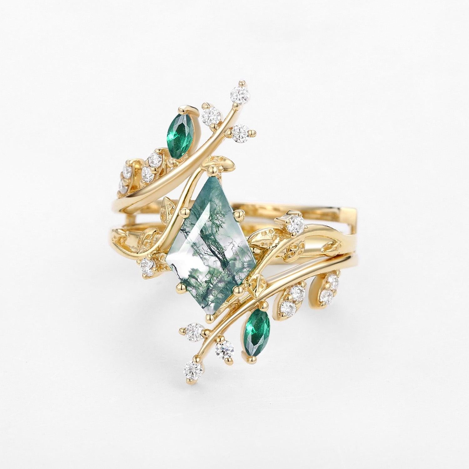 Sylvie’s Enclave | Kite Cut Moss Agate & Emerald Cage Leafy Bridal Set 2pcs.