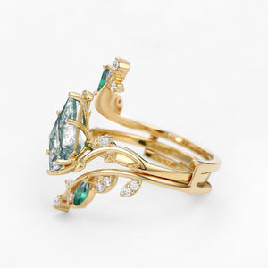 Sylvie’s Enclave | Kite Cut Moss Agate & Emerald Cage Leafy Bridal Set 2pcs.