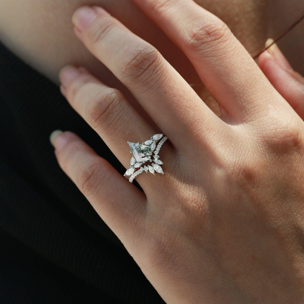 July Kite Cut Moss Agate White Gold Engagement Ring Set 2pcs.