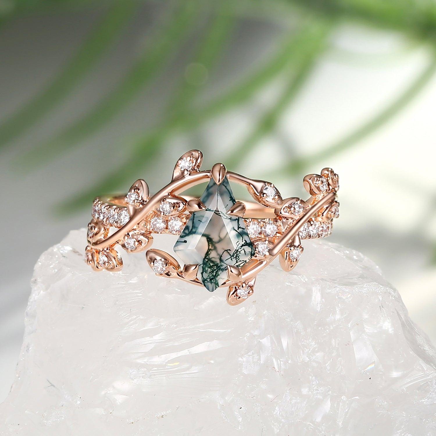 Wren Kite Cut Moss Agate Leafy Pave Engagement Ring.